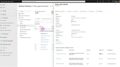 Centro de administración Microsoft Entra, con el panel de protección de identidades y una vista detallada de un agente de riesgo, incluyendo los niveles de riesgo y los tipos de detección.