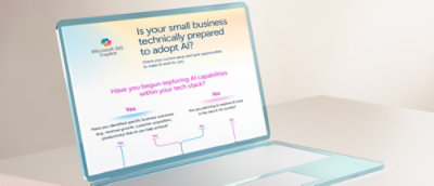 Laptop displaying a Microsoft 365 Copilot assessment asking whether a small business is technically prepared to adopt AI, with Yes and No response paths.