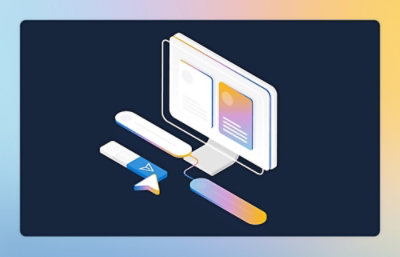Ein Screenshot einer 3D-Illustration eines Computerbildschirms, der zwei Webseiten anzeigt, die den Visual Studio Code-Editor mit TypeScript-Code für eine Schaltflächenkomponente darstellen.