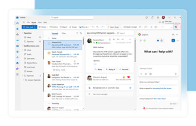 Screenshot of an email interface showing an email draft and an organizational chart with names and titles on the sidebar.