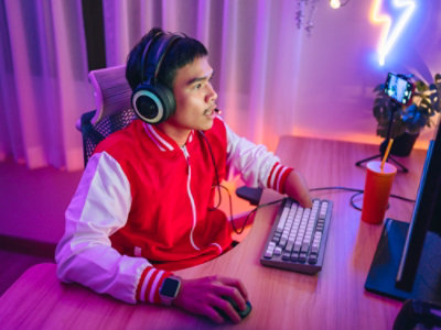 Personne portant un casque et utilisant un ordinateur de bureau à une table