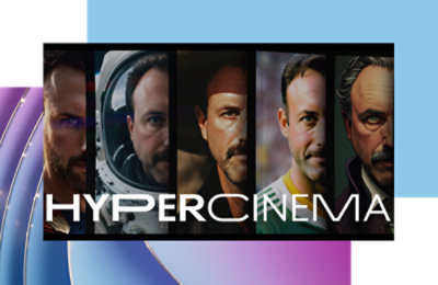 Un collage con primi piani di volti maschili e la parola HYPERCINEMA.