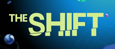 Graphic banner displaying the text “THE SHIFT” in bold lettering on a blue‑green gradient background with abstract spherical elements.