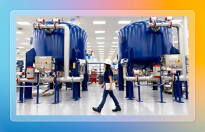 Eine Person, die durch eine Industrieanlage mit großen blauen Verarbeitungsbehältern und Geräten geht.