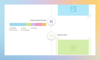 visualization of page load times and a video capture section. Color-coded bars represent pre-request, latency
