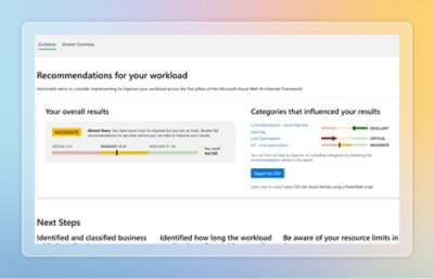 Screenshot of a webpage titled "Recommendations for your workload" showing a gauge with a score of "44" indicating a moderate rating