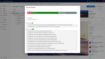 Dynamics 365 Commerce -käyttöliittymä, jossa on erilaisia helppokäyttöisyyden tarkistuksia ja kokeiluasetuksia