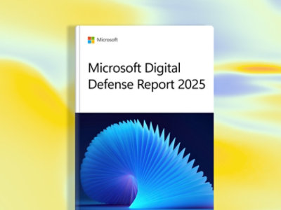 Cover of the Microsoft Digital Defense Report 2025 with abstract blue and yellow graphic design.