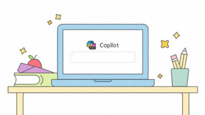 Cartoon van een laptop met ‘M365 Copilot’ op een bureau, omringd door boeken, een appel, een pot met potloden en sterren in een vrolijke studeerscène.