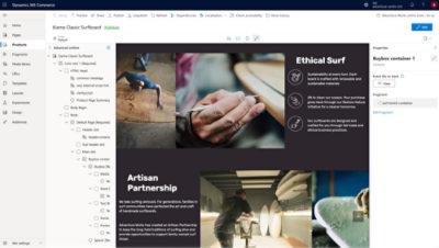 Dynamics 365 Commerce -käyttöliittymä, jossa näkyy surffilaudan tuotesivu ja muokkausvaihtoehdot.