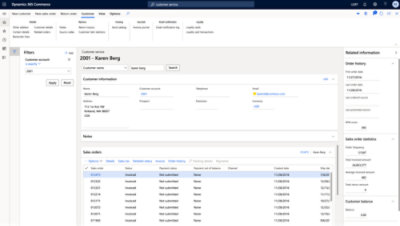 Dynamics 365 Commerce -näyttö, jossa näkyvät Karen Bergin asiakastiedot, mukaan lukien osoite, tilaushistoria ja myyntitilastot