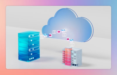 Ilustrasi penyimpanan cloud data: ikon cloud biru yang tersambung ke server