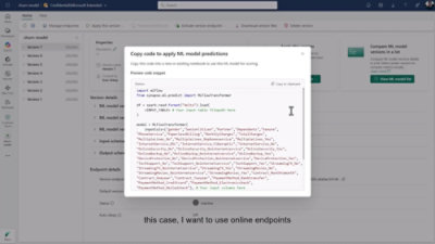 Ekran aplikacije za upravljanje modelima mašinskog učenja; iskačući prozor prikazuje Python za predviđanje, sa listom verzija modela u pozadini.