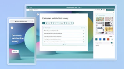 Digital preview of a customer satisfaction survey on desktop and mobile screens, with customization options on the right.