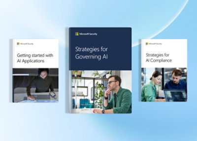 Carte risorsa Microsoft Security con guide su applicazioni, governance e conformità IA, su sfondo blu