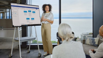 Osoba stojąca przed salą konferencyjną przedstawiająca diagram w programie Visio wyświetlany na urządzeniu Surface Hub