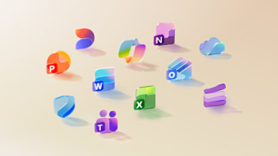 Various apps that are part of a Microsoft 365 subscription, such as: Microsoft Copilot, Word, Excel, PowerPoint, Outlook, OneNote, OneDrive, Microsoft Defender, Microsoft Teams, Microsoft Designer, Clipchamp.