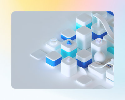 Composição 3D abstrata de formas geométricas em um esquema de cores azul e branco.