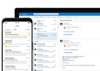 Două ecrane de dispozitiv, afișând fiecare inboxul de e-mail Outlook Exchange