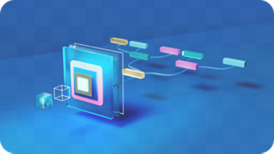 Interface digital abstrata com elementos de dados conectados em uma tela de fundo azul.