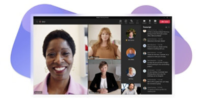 A Teams meeting with video and voice participants, one participant raising their hand to speak and the live transcript being displayed on the right.