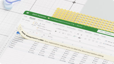 folha de cálculo intitulada "2023 Expenses Confidential/Contoso FTE" com várias categorias de despesas e respetivos valores