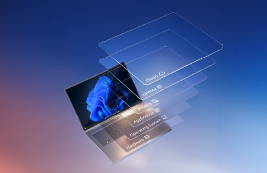 클라우드, ID, 개인 정보, 애플리케이션, 운영 체제 및 하드웨어라는 레이블이 지정된 투명한 플로팅 레이어가 있는 노트북. 