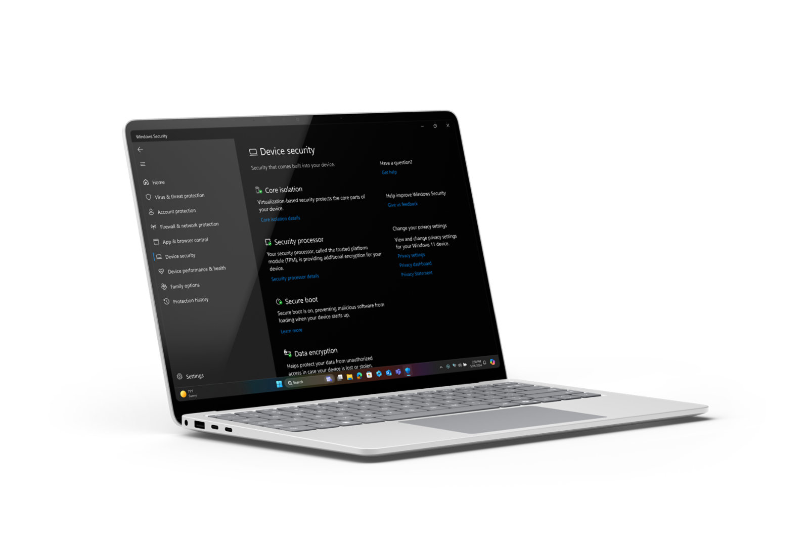 왼쪽을 향해 열려 있는 Surface Laptop 렌더링