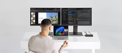 Uśmiechnięta osoba ubrana w niebieski sweter podczas pracy na laptopie, z rośliną doniczkową w tle.
