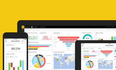 Urządzenia cyfrowe wyświetlające różne wizualizacje danych, w tym wykresy słupkowe, wykresy kołowe i wykresy na tle