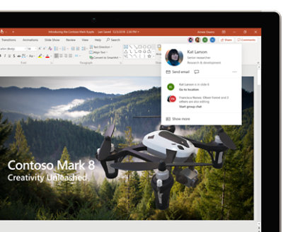 صورة لعرض PowerPoint تقديمي تعرض جميع المتعاونين الحاليين الذين يعملون على الملف مع نافذة داخلية تعرض معلومات إضافية حول أحد المتعاونين