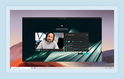 Video conference interface showing a man on screen, with options for camera and audio settings on the right side.