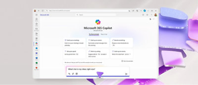  Microsoft 365 Copilot -verkkosivu, jossa näkyvät ominaisuudet ja tekstikehote vaalean violetilla taustalla.