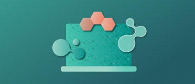 A computer screen displaying a blue and orange logo with circles and bubbles in the background.