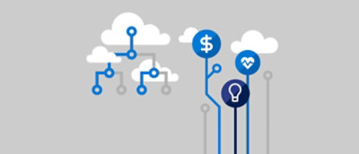 Схема системи хмарних обчислень із синіми й білими хмарами та символами.