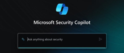 A digital screen featuring the logo for "microsoft security copilot" and a user interface prompt that says