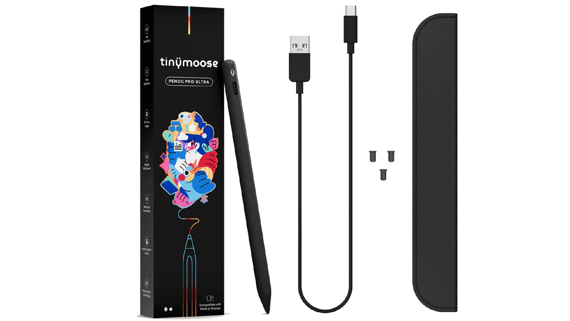 A product display of the Tinymoose Pencil Pro Ultra includes a black stylus, its colorful decorative box, a USB charging cable, three replacement tips, and a slim leather carrying case.