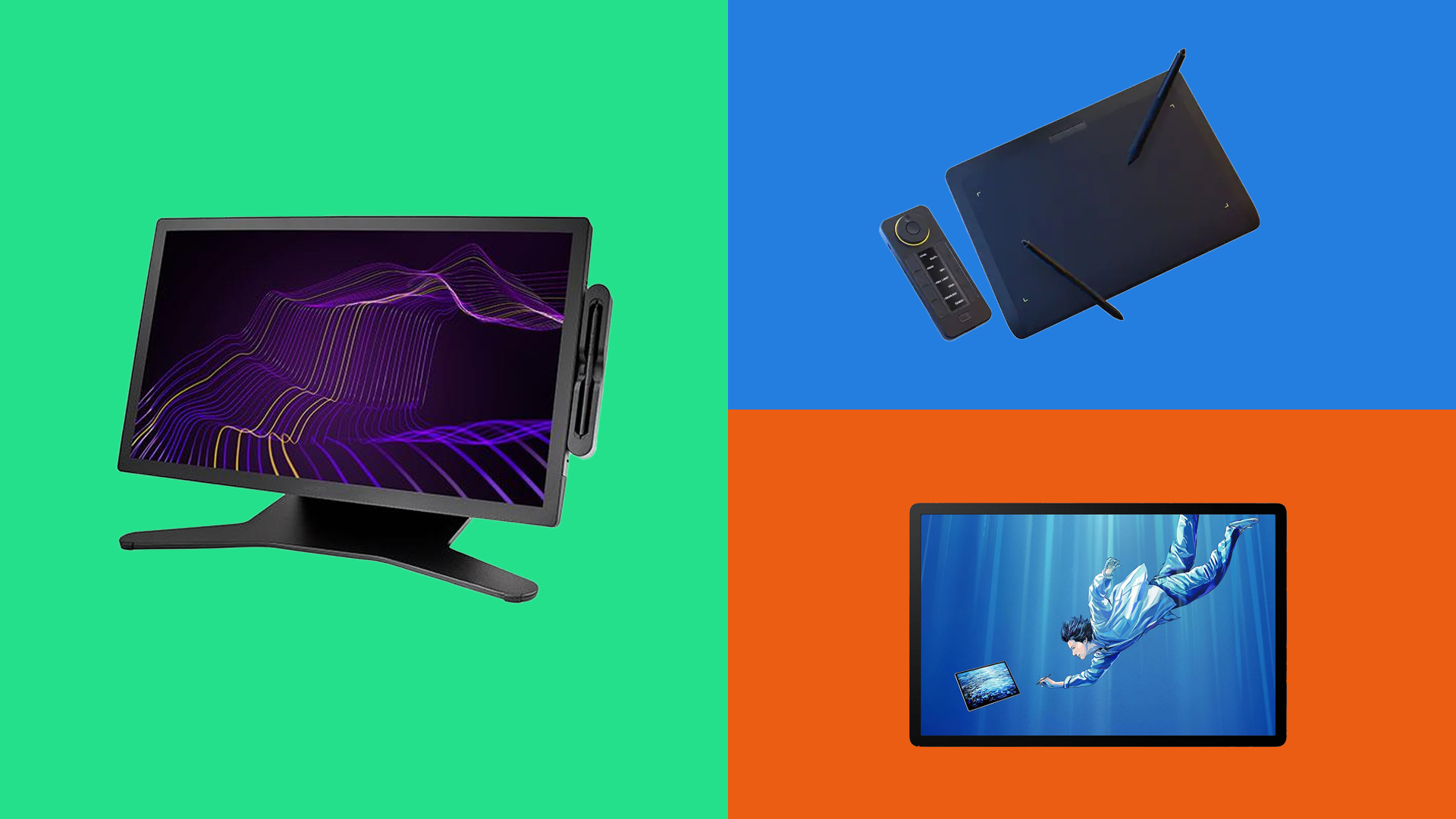 Three drawing tablets in a colour background