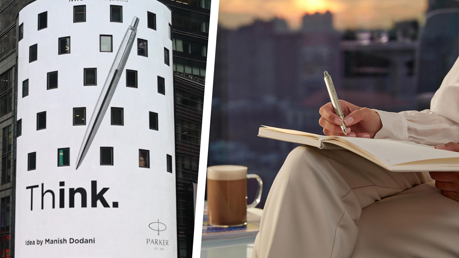 Parker pen advert and pen in use writing in a notebook