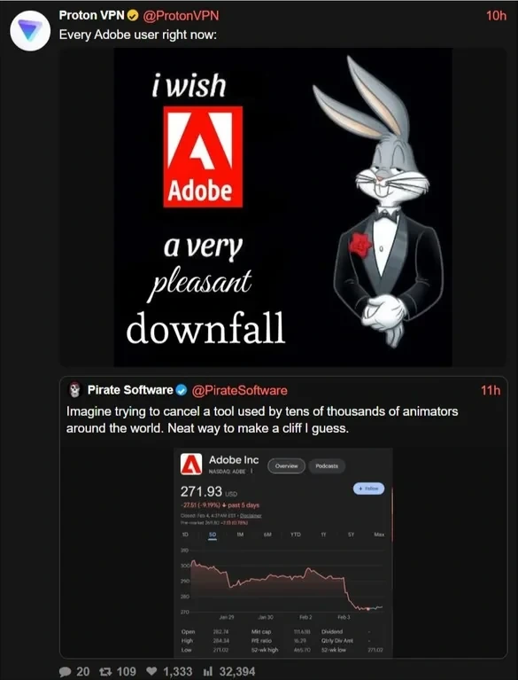 Bugs bunny in suit I wish adobe a very pleasant downfall. The stock drops. 