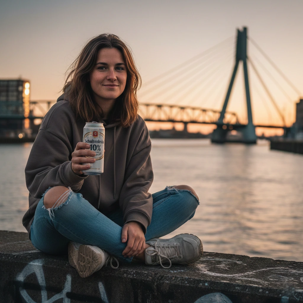 A woman dressed in a hoodie and jeans is holding a beer during sunset by the Port of Rotterdam