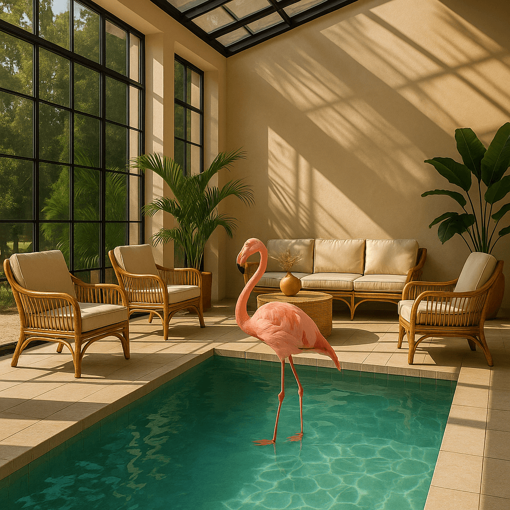 The original pool with an inflatable flamingo replacing the mask
