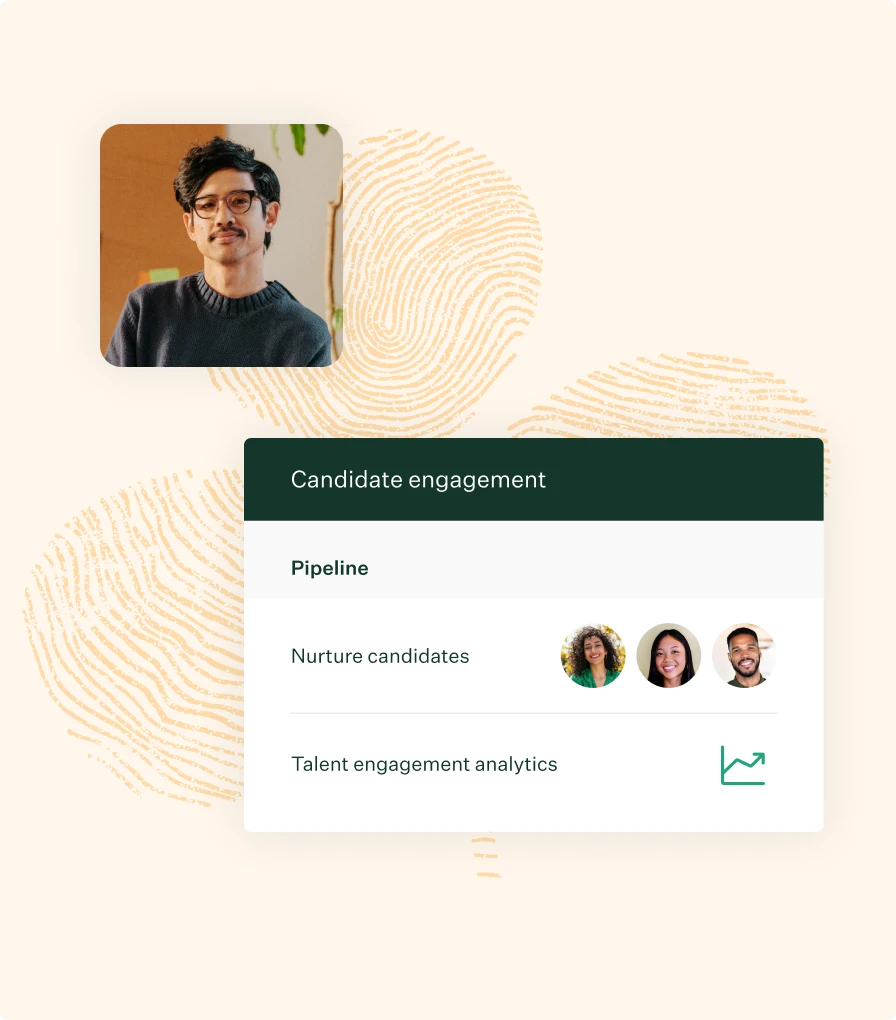 Candidate engagement UI man in office with marigold fingerprint leaf illustration collage