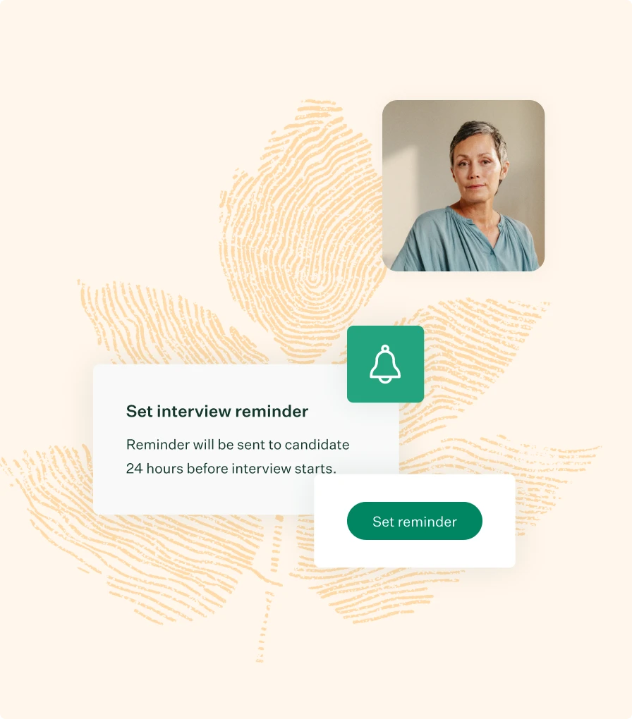 Scalable workflows UI woman in office with marigold fingerprint leaf illustration collage