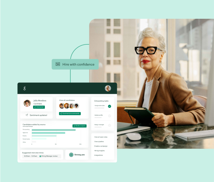 Mobile image of hiring with confidence workflow with UI and photo of professional woman