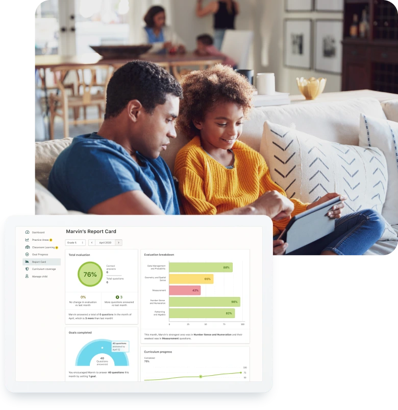 Family reading on couch with tablet