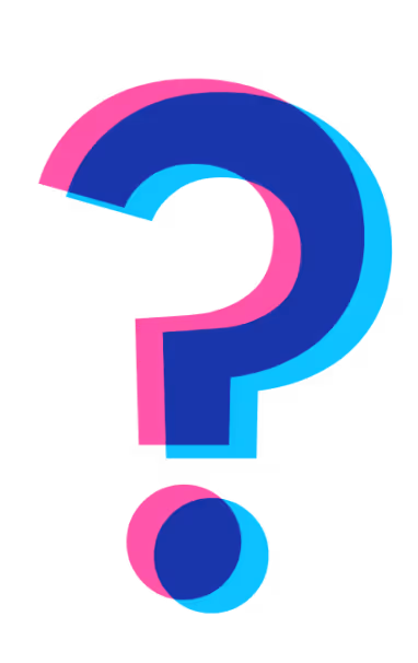 A large question mark with a blue center and overlapping pink and light blue shadows on a transparent background.