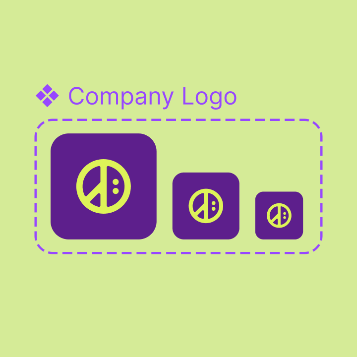 Vue de formats de logos d'entreprise violets et vert citron, harmonisés pour une marque fictive « World Peas », dans une bibliothèque de composants.