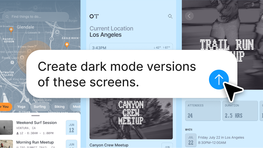 Figma canvas with multiple app screen mockups and an AI agent dialog prompting 'Create dark mode versions of these screens', illustrating AI-powered design iteration