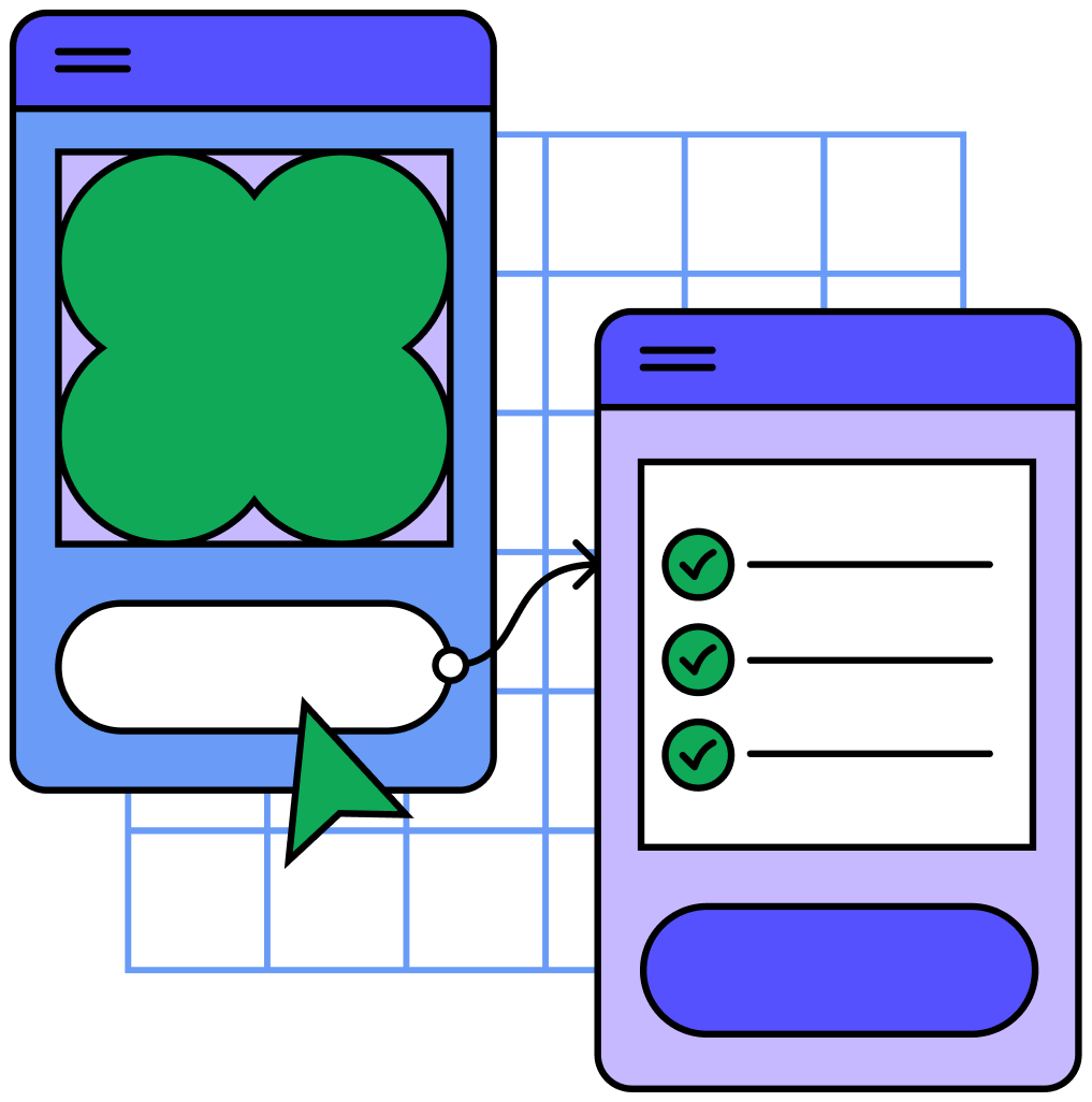 Wireframes en color verde, azul y morado conectados por un enlace de prototipo sobre una cuadrícula azul.
